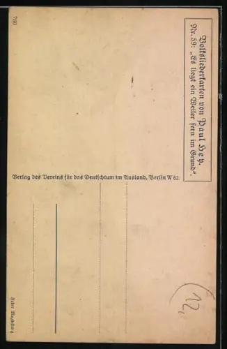 Künstler-AK P. Hey, Volksliederkarte Nr.: 59, Es liegt ein Weiler fern im Grunde