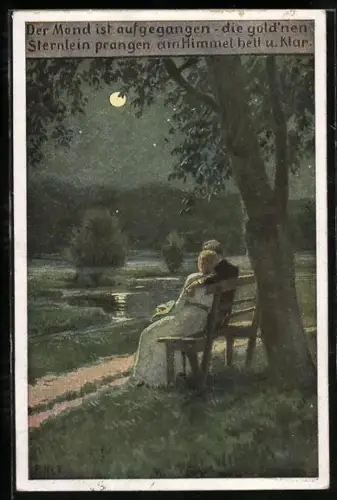 Künstler-AK P. Hey, Volksliederkarte Nr.: 63, Paar sitzt auf Bank