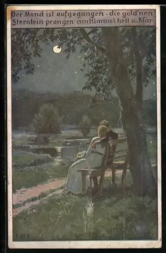 Künstler-AK P. Hey, Volksliederkarte Nr.: 63, Paar sitzt auf Bank