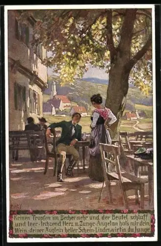 Künstler-AK P. Hey: Keinen Tropfen im Becher mehr und der Beutel schlaff und leer