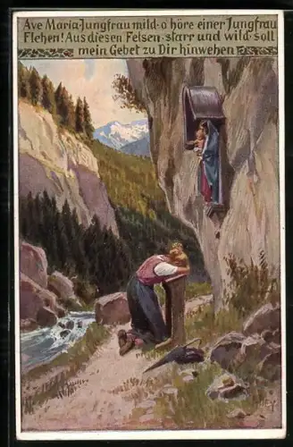 Künstler-AK Paul Hey: Volksliederkarte Nr. 85: Ave Maria, Jungfrau mild, Kniende Frau spricht ein Gebet