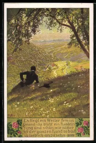 Künstler-AK P. Hey, Volksliederkarte Nr.: 59, Es liegt ein Weiler fern im Grunde