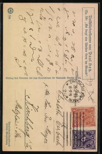 Künstler-AK P. Hey, Volksliederkarte Nr.: 59, Es liegt ein Weiler fern im Grunde