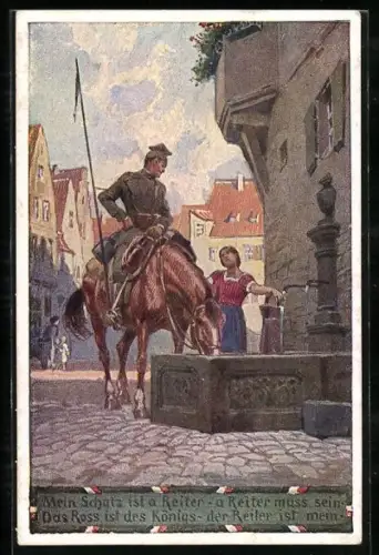 Künstler-AK Paul Hey: Soldat in Uniform mit seinem Pferd an einem Brunnen, Verein für das Deutschtum im Ausland