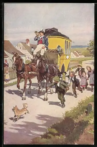 Künstler-AK Paul Hey: Kinder begleiten eine Postkutsche, Hund