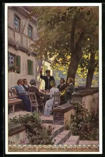 Künstler-AK P. Hey, Volksliederkarte Nr.: 70, Wohlauf, noch getrunken den funkelnden Wein