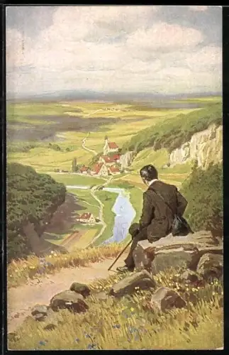 Künstler-AK P. Hey: Volksliederkarte Nr. 20, Nun ade, du mein lieb Heimatland