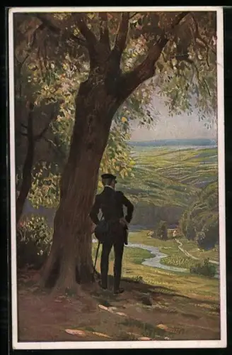 Künstler-AK Paul Hey: Wanderer geniesst den Ausblick, Verein für das Deutschtum im Ausland