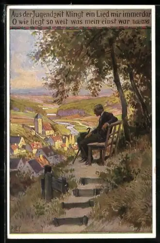 Künstler-AK P. Hey, Volksliederkarte Nr.: 69, Aus der Jugendzeit, Mann mit Stock auf einer Bank