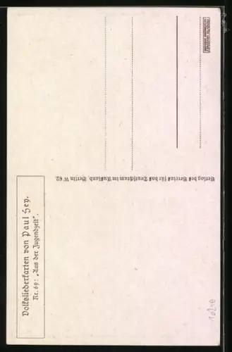 Künstler-AK P. Hey, Volksliederkarte Nr.: 69, Aus der Jugendzeit, Mann mit Stock auf einer Bank