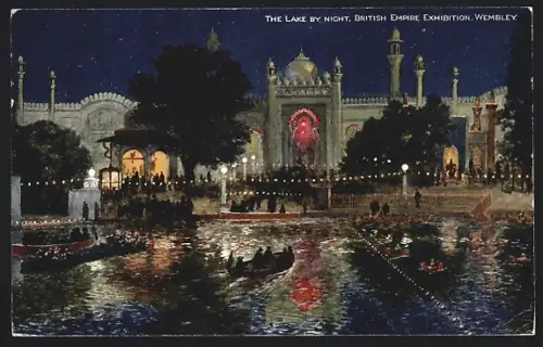 AK Wembley, British Empire Exhibition 1924, The Lake by night