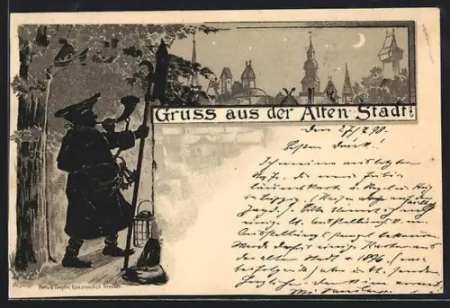 AK Dresden, Ausstellung in der Alten Stadt, Nachtwächter mit Hellebarde und Horn im Passepartout