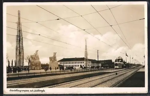 AK Düsseldorf-Schlageterstadt, Ausstellungsvorplatz mit Leuchtorgeln
