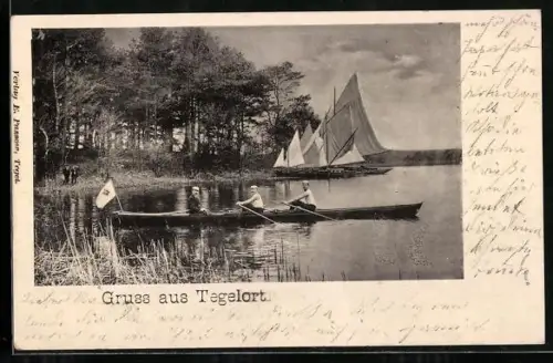 AK Berlin-Tegelort, Ruderboote und Segelboote auf dem See