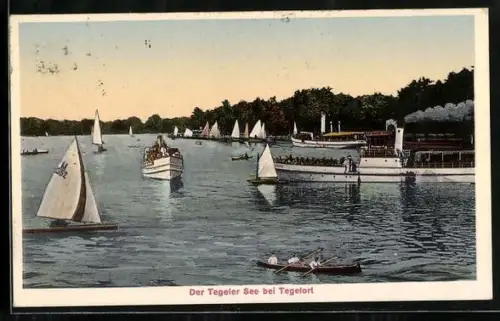 AK Berlin-Tegelort, Tegeler See, Segelboote, Dampfer, Ausflugsverkehr