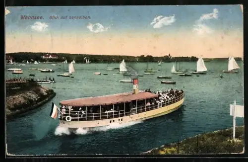 AK Berlin-Wannsee, Blick auf den See mit Ausflugsschiff und Segelbooten