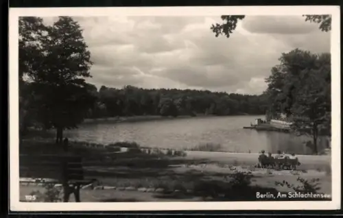 AK Berlin, Am Schlachtensee, Seeufer mit Bootsanleger und Parkanlage