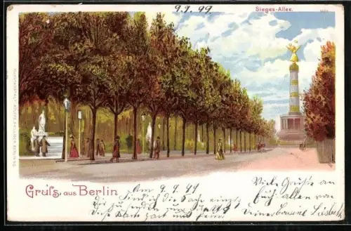 Lithographie Berlin-Tiergarten, Siegesallee, Siegessäule