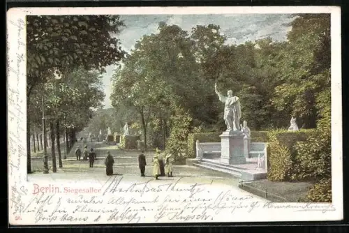 AK Berlin-Tiergarten, Siegesallee, Spaziergänger, Denkmäler, Parkanlage