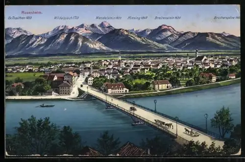 AK Rosenheim, Brückenpartie, Stadtansicht, Alpenpanorama