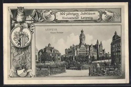 AK Leipzig, 500 jähriges Jubiläum der Universität, Neues Rathaus, Wappen, Passepartout