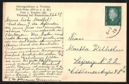 AK Törwang bei Rosenheim, Alpengasthaus und Pension Duft-Bräu, Ortspartie mit Wendelstein