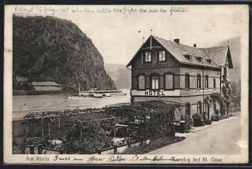 AK St. Goar, Hotel Loreley mit Blick auf den Felsen, Rheindampfer