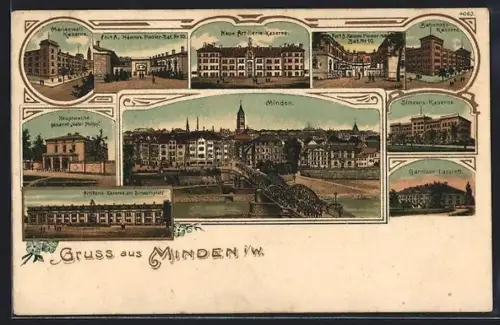 Lithographie Minden i. W., Ortsansicht, Neue Artillerie-Kaserne, Bahnhofs-Kaserne