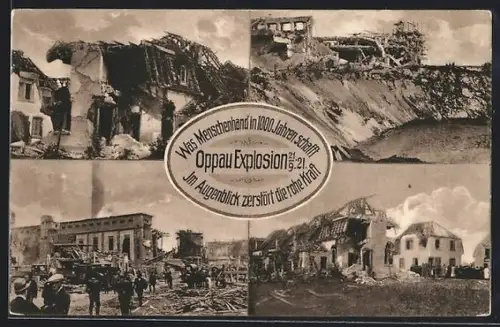 AK Oppau / Pfalz, zerstörte Strassenpartie und zerstörte Wohnhäuser nach der Explosion vom 21. September 1921