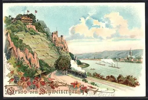 Lithographie Trechtingshausen, Ortsansicht m. Eisenbahn und Dampfschiffe