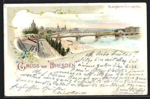 Lithographie Dresden, Blick von der Albertbrücke auf Altstadt und Elbufer