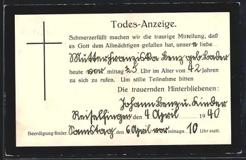 AK Reiselfingen, Todesanzeige für Franziska Lenz mit handschriftlichen Ergänzungen