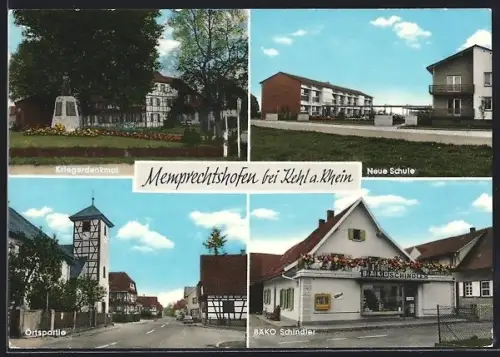 AK Memprechtshofen bei Kehl, Kriegerdenkmal, Neue Schule, Ortspartie, BÄKO Schindler