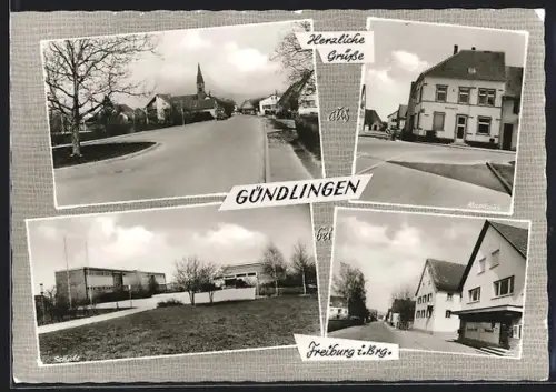 AK Gündlingen bei Freiburg, Geschäft Manfred Faber, Kirche, Schule, Hauptstrasse