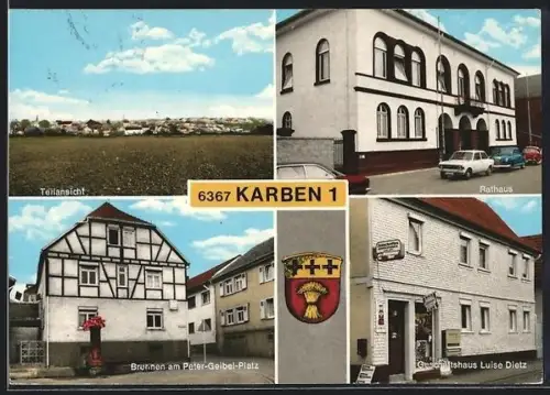 AK Karben, Rathaus, Brunnen am Peter-Geibel-Platz, Gasthaus Luise Dietz