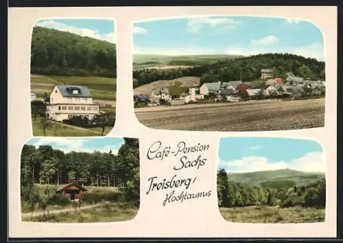 AK Treisberg /Hochtaunus, Cafe-Pension Sachs, Ortsansicht, Waldpartie