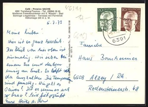 AK Treisberg /Hochtaunus, Cafe-Pension Sachs, Ortsansicht, Waldpartie