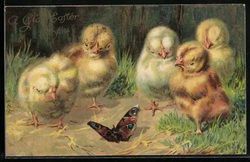 AK Küken und Schmetterling, Ostergruss