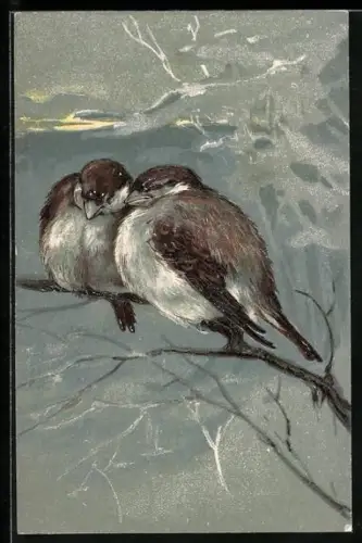 Lithographie Zwei Spatzen im Winter