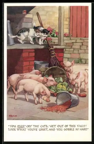 AK Zwei Katzen und tollpatschige Schweine auf einem Bauernhof