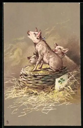 Präge-AK Drei Ferkel im Stroh, Glücksklee-Schild