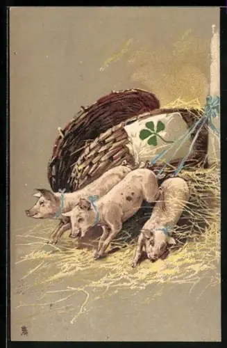 Präge-AK Drei Ferkel an Schleifenbändern im Stroh, Glücksklee-Schild