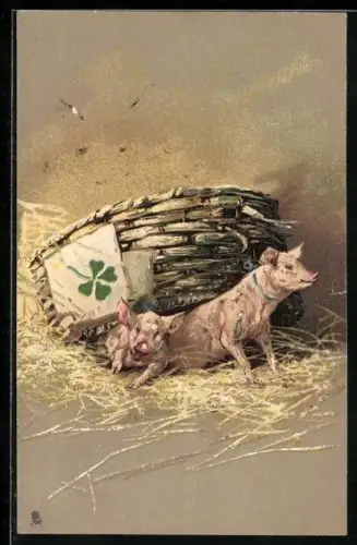 Präge-AK Zwei Ferkel im Stroh, Glücksklee-Schild