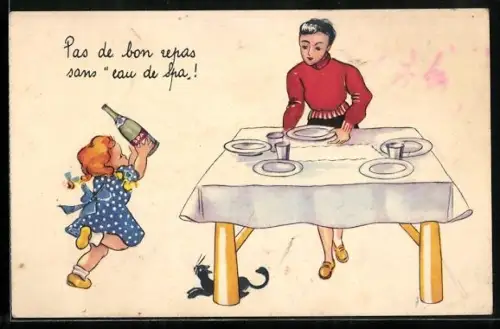 AK Reklame für Schaumwein, Mädchen mit der Flasche läuft zur Mutter, während eine schwarze Katze zusieht