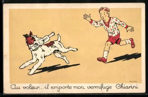 AK Reklame für Chiarini, Junge rennt einem Hund nach, der ihm Medizin gestohlen hat