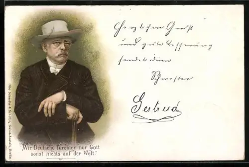 AK Bismarck mit Hut und Gehstock, Wir Deutschen fürchten nur Gott, sonst nichts auf der Welt