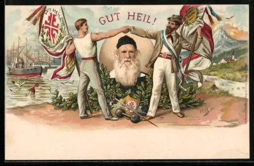 Lithographie Hamburg, 9. Deutsches Turnfest in 1898 mit Büste von Turnvater Jahn