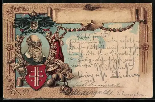 Künstler-AK Porträt vom Turnvater Jahn, Turnerbund-Wappen