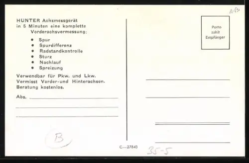 AK Reklame für ein Optisches Achsmessgerät von Hunter