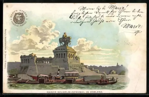 Lithographie Koblenz, Kaiser-Wilhelm-Denkmal